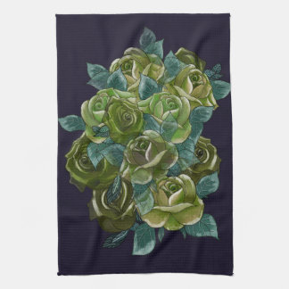 Linge De Cuisine Bouquet floral, roses verts sur bleu foncé