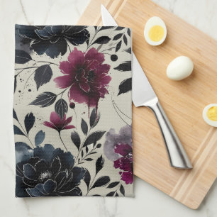Linge De Cuisine Bourgogne Bleu Minuit Floral Amande Beige
