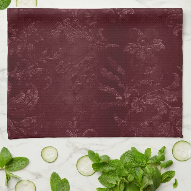 Linge De Cuisine Bourgogne Foncé Floral Noël Rouge Profond (Plié)
