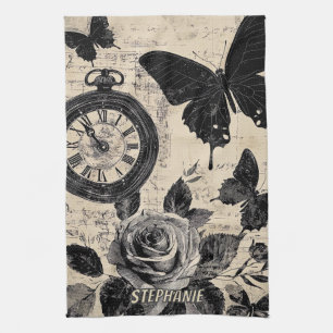 Linge De Cuisine Boussole Papillon Floral Sépia Errance
