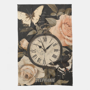 Linge De Cuisine Boussole Vintage Papillon Floral Marron