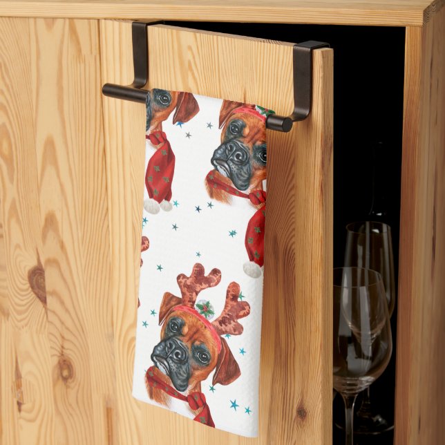 Linge De Cuisine Boxer race Aquarelle Chien Motif Étoiles Noël (Pliage en tiers)
