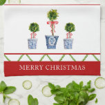 Linge De Cuisine Boxwood Topiary avec treillis Noël<br><div class="desc">Elégante aquarelle peinte à la main Boxwood Topiaries avec treillis arrière - plan Joyeux Noël festif serviette de cuisine.</div>