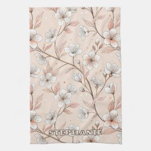 Linge De Cuisine Branche Fleurie de Pêche Douce avec Fleurs Blanche
