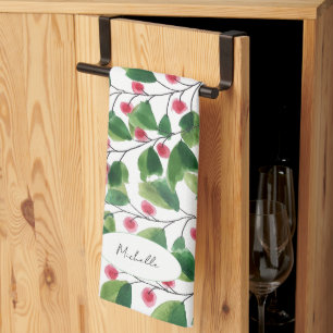 Linge De Cuisine Branches de baies rouges et vertes à l'aquarelle a