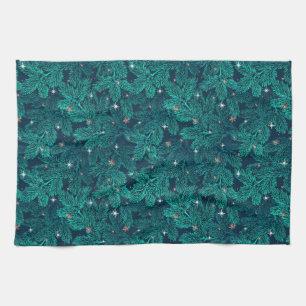 Linge De Cuisine Branches de pin sarcelle avec flocons de neige bla