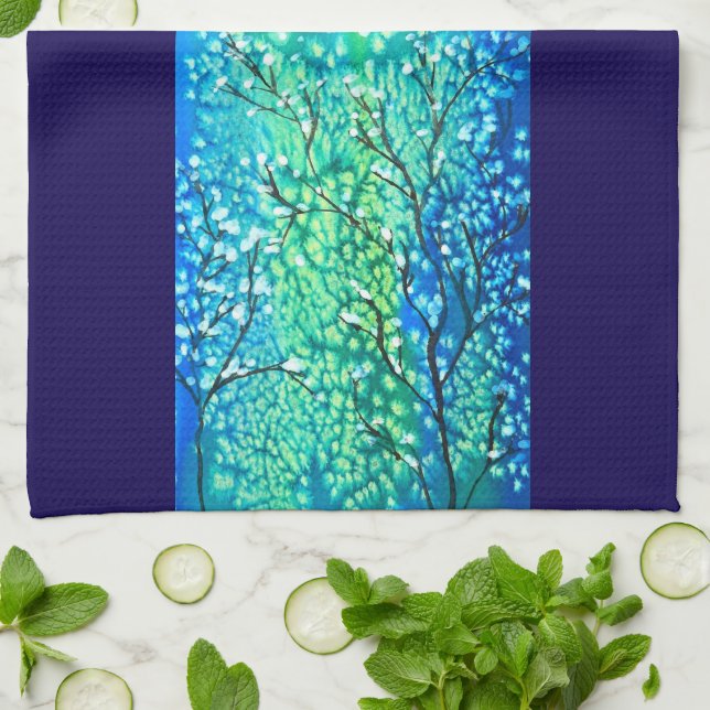Linge De Cuisine Branches d'hiver à l'aquarelle Indigo & Sarcelle (Plié)