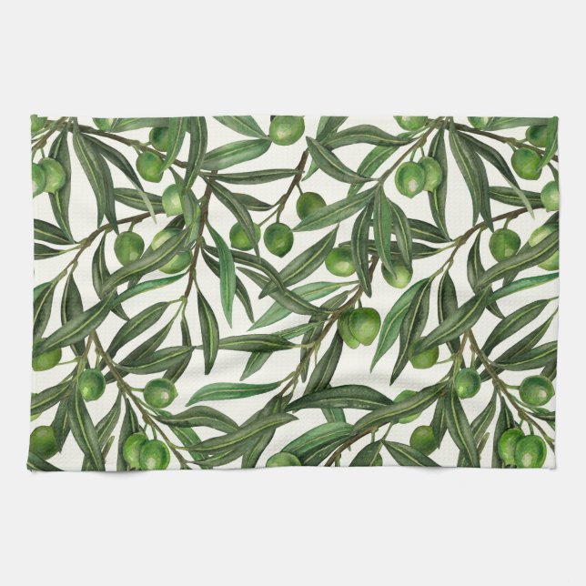 Linge De Cuisine Branches d'olive sur blanc (Horizontal)
