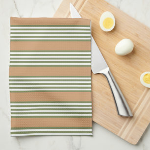 Linge De Cuisine Brayures vert olive et blanc motif avec bronze