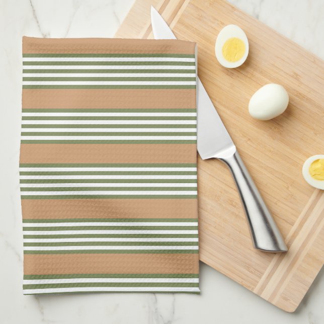 Linge De Cuisine Brayures vert olive et blanc motif avec bronze (Quart Plié)