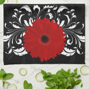 Linge De Cuisine Bright Red Gerbera Daisy on Black