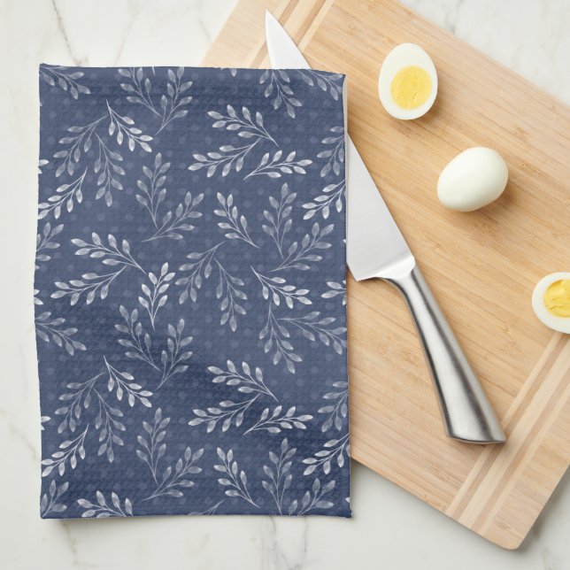 Linge De Cuisine Brindilles blanches sur le bleu. (Quart Plié)