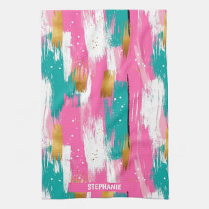Linge De Cuisine Brochures Abstraites colorées - Menthe et rose (3)