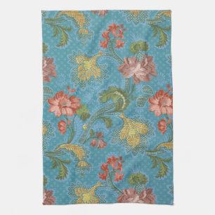 Linge De Cuisine Broderie dorée à motif floral en damas bleu antiqu