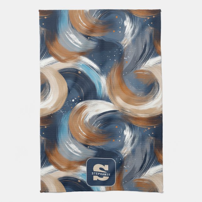 Linge De Cuisine Brosses Abstraites bouclés en bleu, blanc et Brown (Vertical)