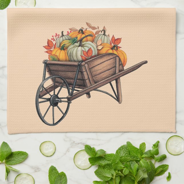 Linge De Cuisine Brouette d'automne avec citrouilles  (Plié)