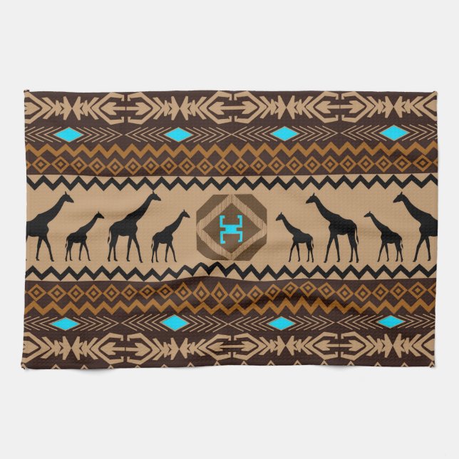 Linge De Cuisine Brown Bleu & Beige Africain Motif & Giraffe (Horizontal)
