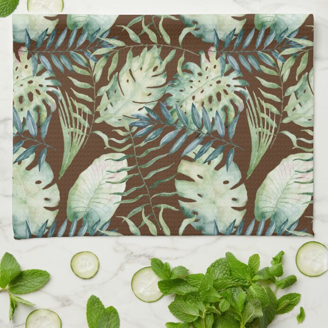 Linge De Cuisine Brown Feuilles verts tropicaux (Plié)