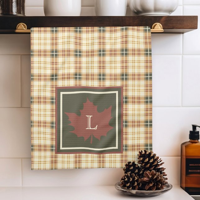 Linge De Cuisine Brown Plaid Motif Automne Maple Leaf Monogramme (Créateur téléchargé)