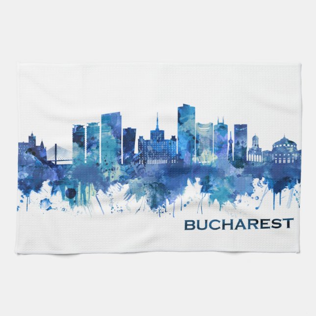 Linge De Cuisine Bucarest Roumanie Skyline Blue (Horizontal)