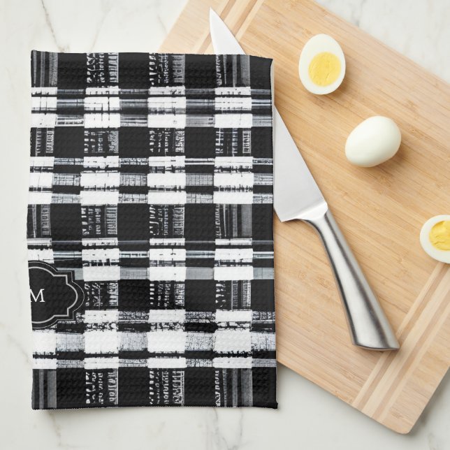 Linge De Cuisine Buffle à carreaux noir et blanc monogrammé (Quart Plié)