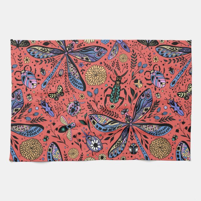Linge De Cuisine Bugs de Doodle sur corail rouge (Horizontal)