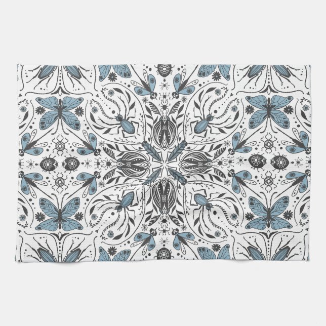 Linge De Cuisine Bugs, noir et bleu (Horizontal)