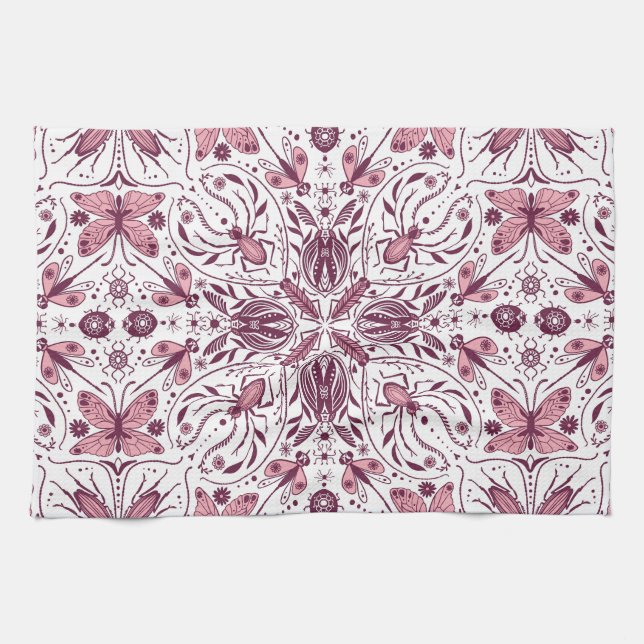 Linge De Cuisine Buissons, magenta foncé et rose sur blanc (Horizontal)