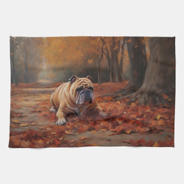 Linge De Cuisine Bulldog en automne Feuilles automne Inspire (Horizontal)