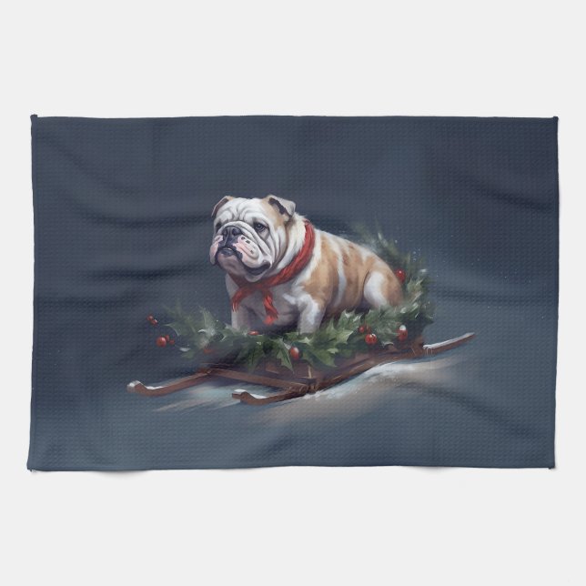 Linge De Cuisine Bulldog Noël neige hiver (Horizontal)