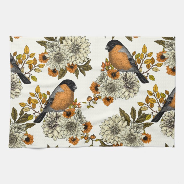 Linge De Cuisine Bullfinch on autumn floral 2 (Horizontal)