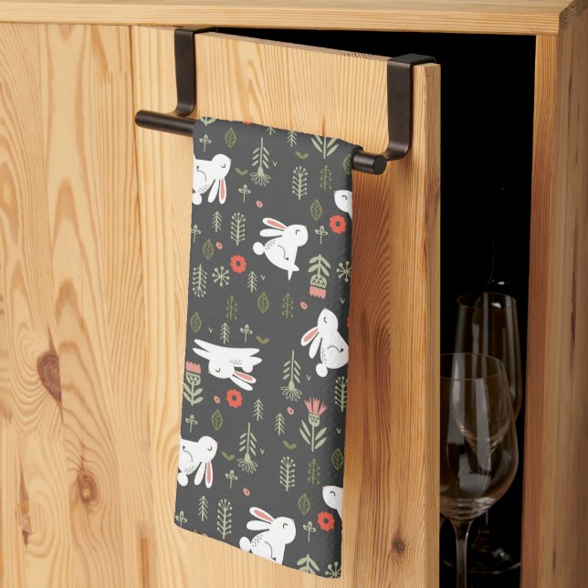 Linge De Cuisine Bunnies blancs & Fleurs de printemps (Pliage en tiers)