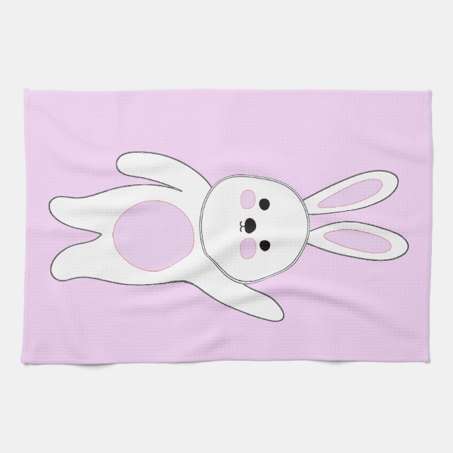 Linge De Cuisine Bunny. Blanc et rose. (Horizontal)