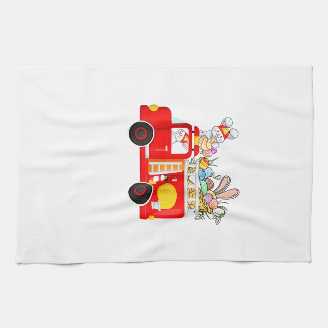Linge De Cuisine Bunny Riding Firetruck Easter Day Firefighter Happ (Horizontal)