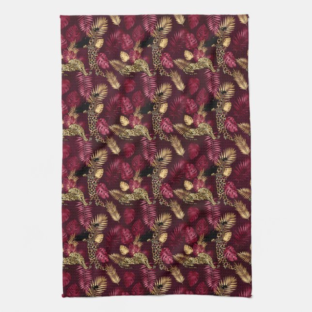 Linge De Cuisine Burgundy and Gold Leopard Series Design 12 (Vertical)