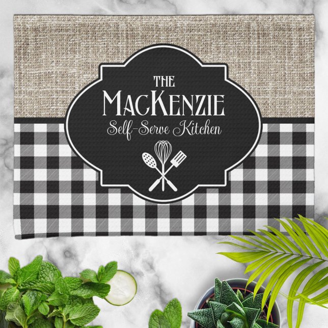 Linge De Cuisine Burlap Black Buffalo Check personnalisé (Créateur téléchargé)