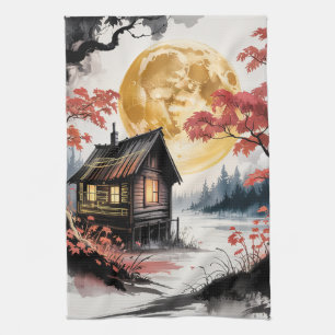 Linge De Cuisine Cabane au Clair de Lune Forêt Japonaise Art (7)