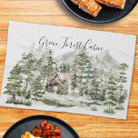 Linge De Cuisine Cabine d'aquarelle dans la forêt de pins verts<br><div class="desc">Apportez à l'extérieur cette serviette rustique de cuisine avec un cabine d'aquarelle niché dans une pinède verte brumeuse. Parfait pour les amoureux de la nature, cet élégant design boisé capture le paysage serein de montagnes et d'arbres, les vibrations de la nature ajouté à votre décor de cuisine de maison de...</div>
