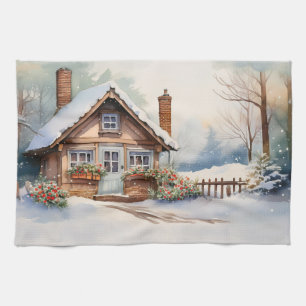 Linge De Cuisine Cabine de Noël en paysage enneigé
