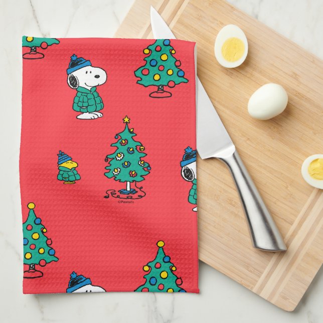 Linge De Cuisine cacahuètes | Snoopy & Woodstock Motif de Noël roug (Quart Plié)