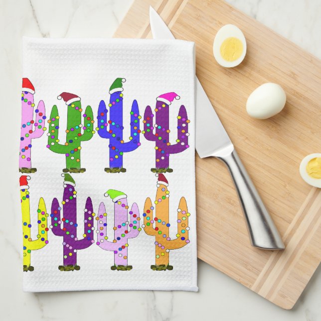 Linge De Cuisine Cactus avec chapeaux de Père Noël Noël (Quart Plié)
