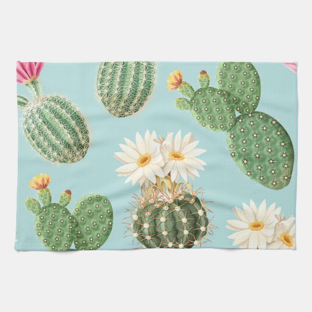 Linge De Cuisine Cactus, fleurs roses : décor clair (Horizontal)