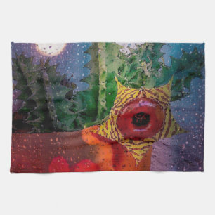 Linge De Cuisine Cactus Lifesaver à travers une fenêtre pluvieuse