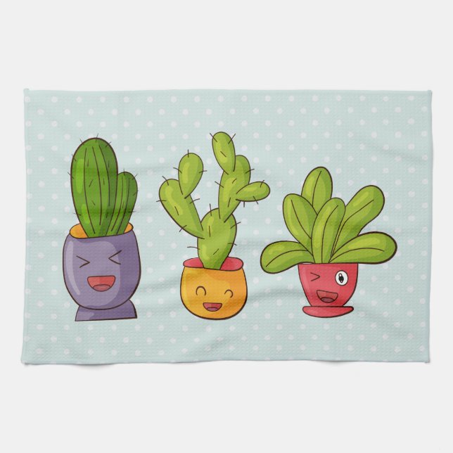 Linge De Cuisine Cactus Mignon Heureux dans des Pots de Fleurs Illu (Horizontal)