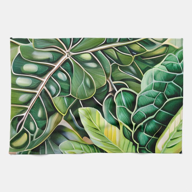 Linge De Cuisine Cadeau de Chauffe Maison Feuilles Tropicales Verte (Horizontal)