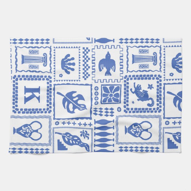 Linge De Cuisine Cadeau de monogramme abstrait bleu blanc (Horizontal)