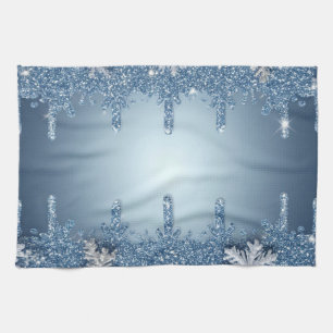 Linge De Cuisine Cadre flocon de neige bleu pailleté avec glaçons