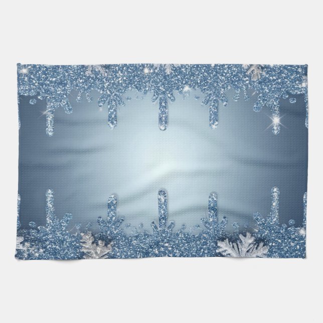 Linge De Cuisine Cadre flocon de neige bleu pailleté avec glaçons (Horizontal)