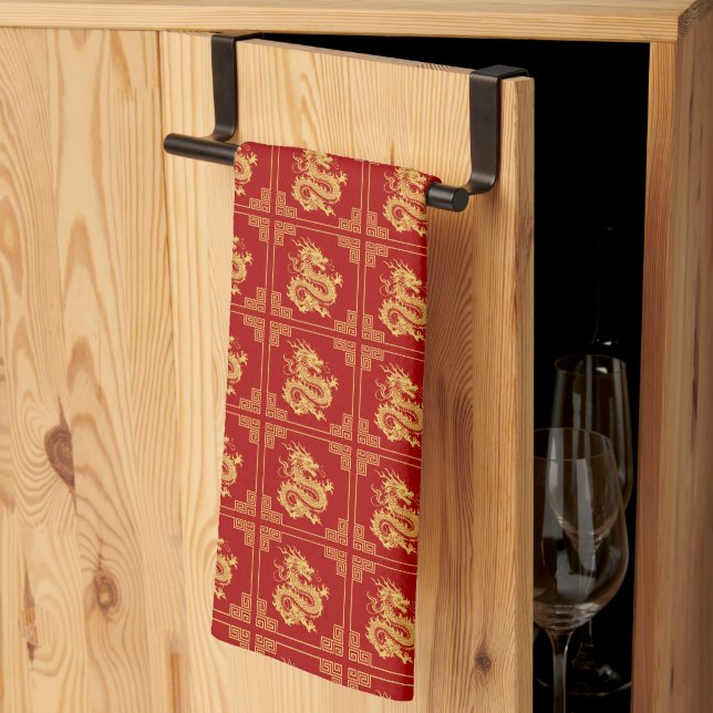 Linge De Cuisine Cadres d'ornement grec Motif de dragon d'or rouge (Pliage en tiers)