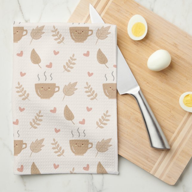 Linge De Cuisine Café Cute Kawaii et Motif d'automne Feuille (Quart Plié)